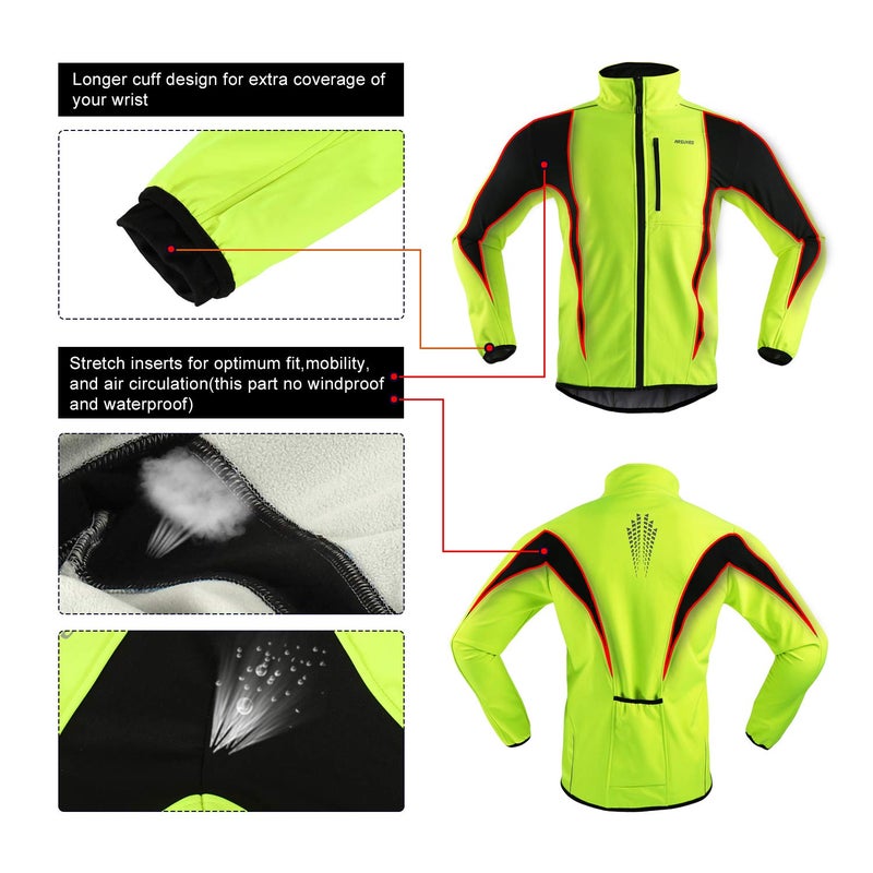 ARSUXEO Winter Warm UP Thermal Softshell Cycling Jacket Windproof Waterproof Bicycle Mountain Bike Clothes 15-K Green Size Medium - Image 5